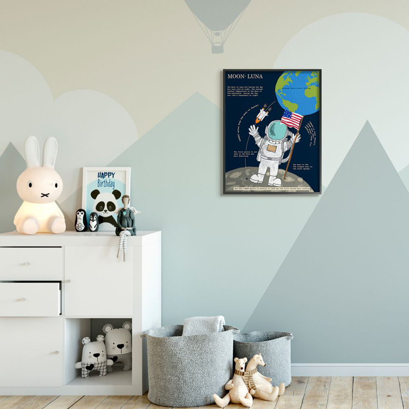 " Solar System Moon Facts Astronaut In Space " by Sangita Bachelet, 30" H x 24" W x 1.5" D, Midnight Black Framed Giclee