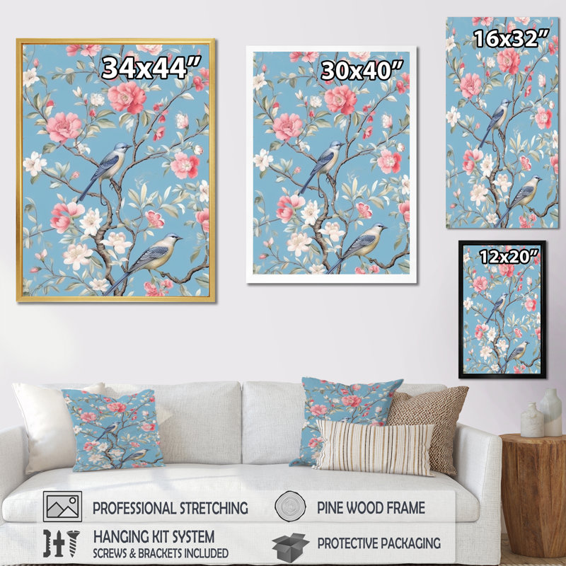 "Chinoiserie avec oiseaux et pivoines", impression sur toile encadrée, Cadre flottant noir, H 16 po x l 16 po x P 1 po
