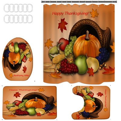 Fall Golden Harvest Shower Curtain Set With Toilet Lid Cover And Non-Slip Rugs, Maple Leaves Pumpkin Corn 4 Pcs Shower Curtains For Bathroom, Autumn Bathroom Set Decor