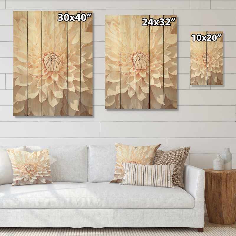 Minimalisme beige Dahlia - art mural en bois de dahlia sur bois de pin naturel, H 40 po x l 30 po