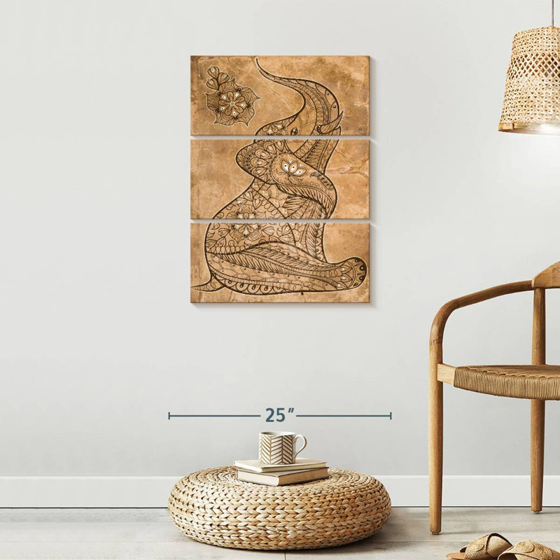 «Elephant Boho Vintage Elephant on Canvas», reproduction de 3 pièces, H 32 po x l 20 po x P 1 po