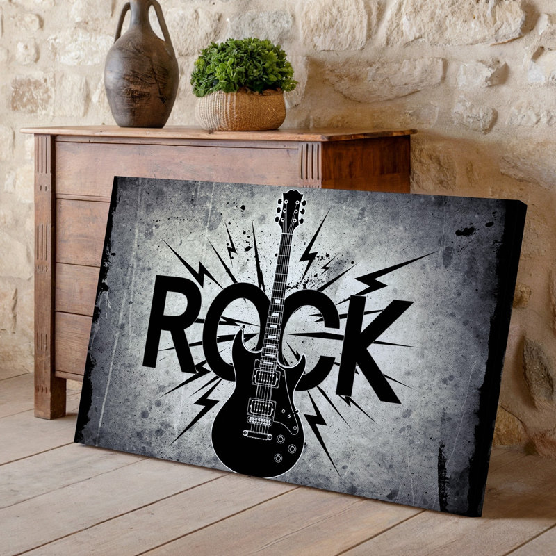 Reproduction d'art sur toile "A Bold Monochromatique" mettant en vedette un art mural de guitare électrique au centre rendu dans une élégante toile murale noire