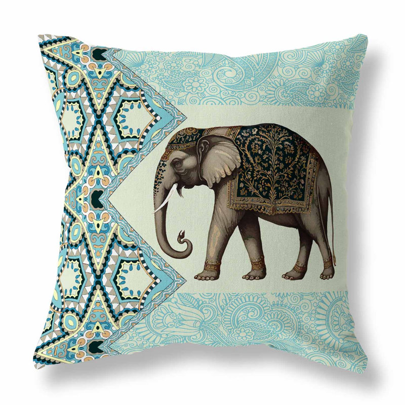 Coussin Floraphant, H 26 po x l 26 po, Cyan / jaune