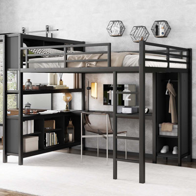 Lit mezzanine en métal avec garde-robe et bureau en forme de L, lit mezzanine avec cubes de rangement et tablettes, lit mezzanine robuste pour adultes
