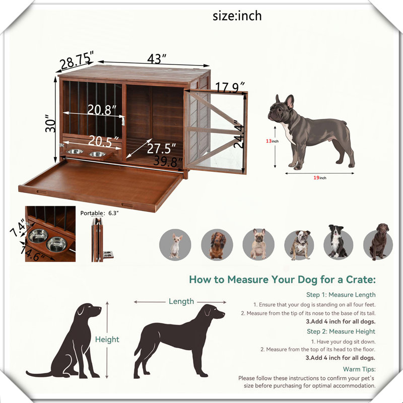 Mobilier de caisse pour chien en bois massif avec plateau pivotant amovible, H 20 po x l 33 po x P 24,25 po