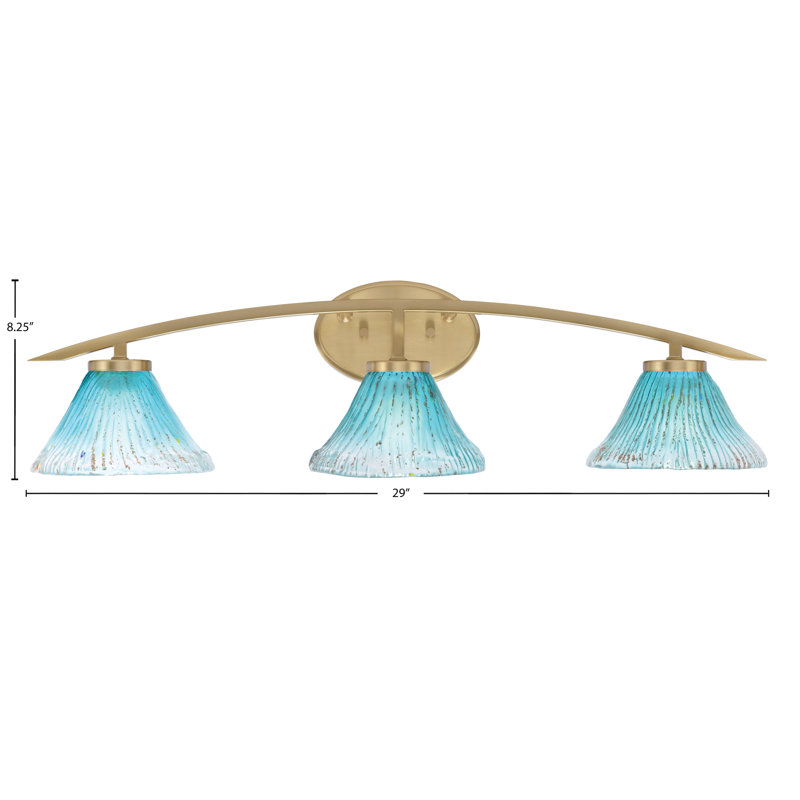 Kurve 3 Light Bath Bar With 7" Teal Crystal Glass, Brass