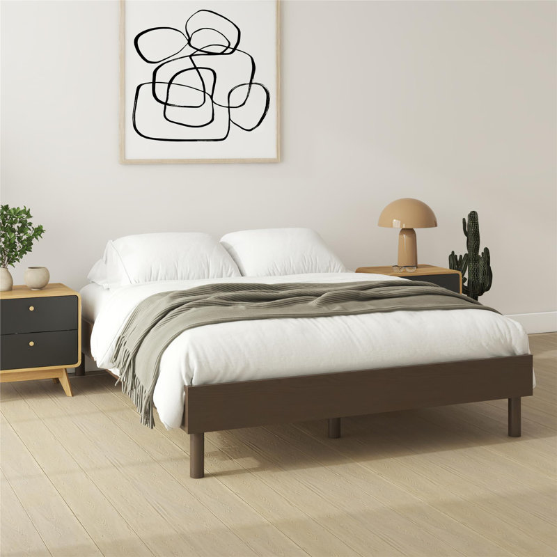  Structure de lit plateforme grand en bois sans outils de la collection, design rustique discret, noyer, Grand lit
