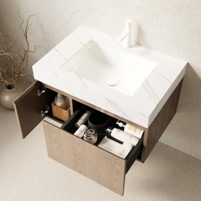 Meuble-lavabo de salle de bain de 30 po avec lavabo, armoire de rangement flottante en contreplaqué avec tiroir et porte, comptoir en pierre frittée blanche, lavabo en céramique, 1 trou pré-percé pour robinet, assemblé, meuble-lavabo à poser.