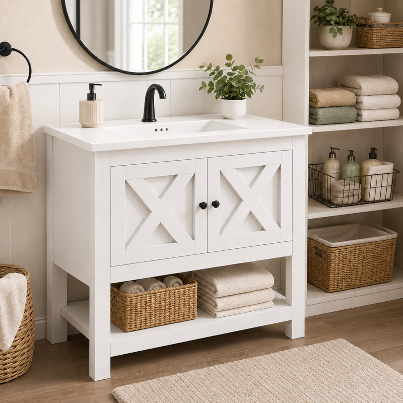 Meuble-lavabo simple autoportant de 89 cm de largeur avec lavabo, 2 portes et tablette ouverte, Blanc