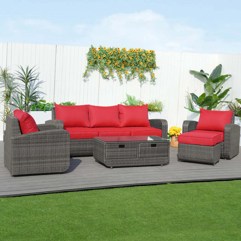 Wicker 5 - Person Patio Conversation Set with Cushions, Gray, Red