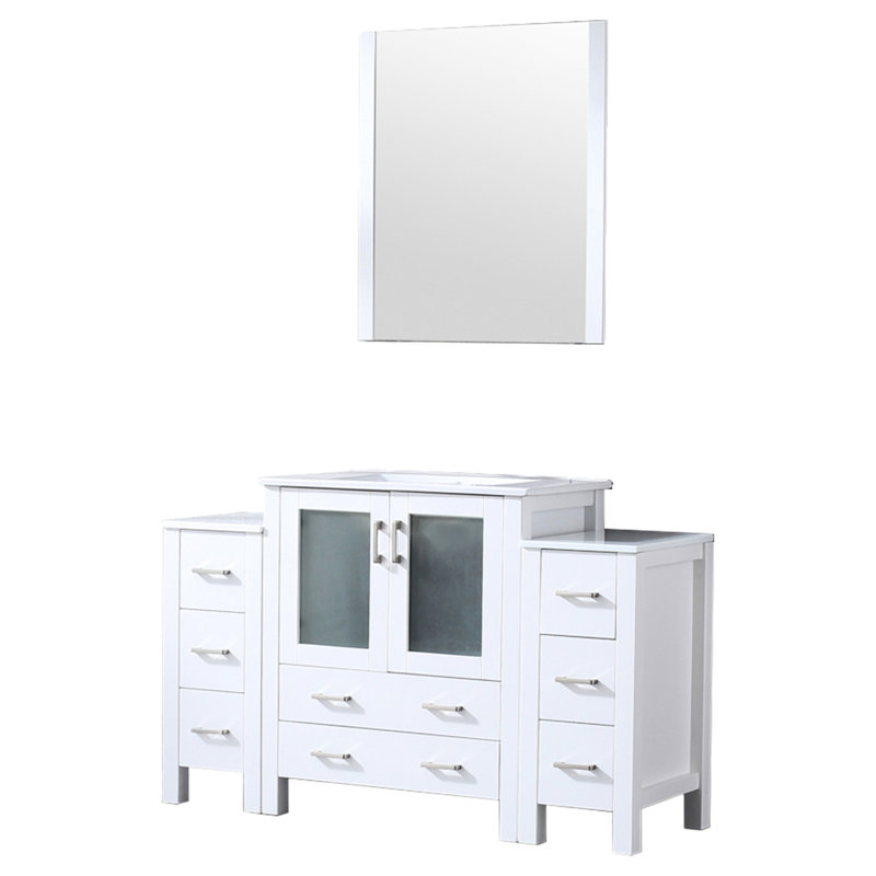 Meuble-lavabo blanc avec armoires latérales, miroir inclus 28, plateau en céramique - fermeture en douceur, durabilité, rangement, plateau, fermeture du miroir, teinture, amplement pour les masques