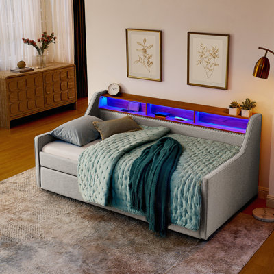 Twin Size Upholstery Sofa Bed With Three LED Lights, With Storage Adjustable Headboard