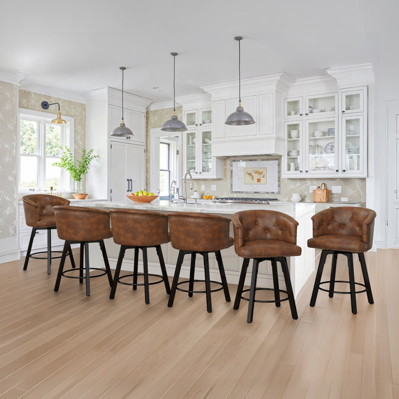 Swivel Counter Stool With Upholstered Seat And Metal Frame,Set Of 6, Brown