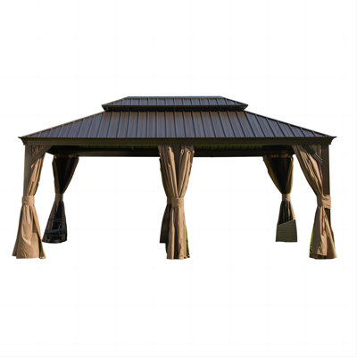 12'X18' Hardtop Gazebo, Outdoor Aluminum Frame Canopy With Galvanized Steel Double Roof, Outdoor Permanent Metal Pavilion With Curtains And Netting For Patio, Backyard And Lawn