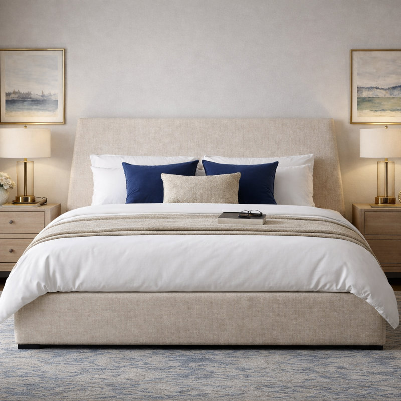 Gerhart  51.5" Luxlury Headboard Hydraulic Lift Up Storage Upholstered Platform Bed,Trapezoid,Tweed Beige,King, Queen , Beige