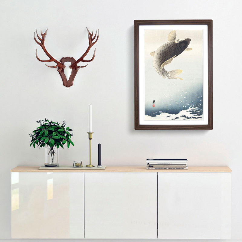Jumping Carp Fish by Ohara Koson - Picture Frame Art Print, 48cm H x 36cm W x 2cm D, Walnut Framed