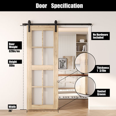 Porte de grange non assemblée et non finie en verre de 8 po de 26 po x 80 po Homacer, usage intérieur seulement