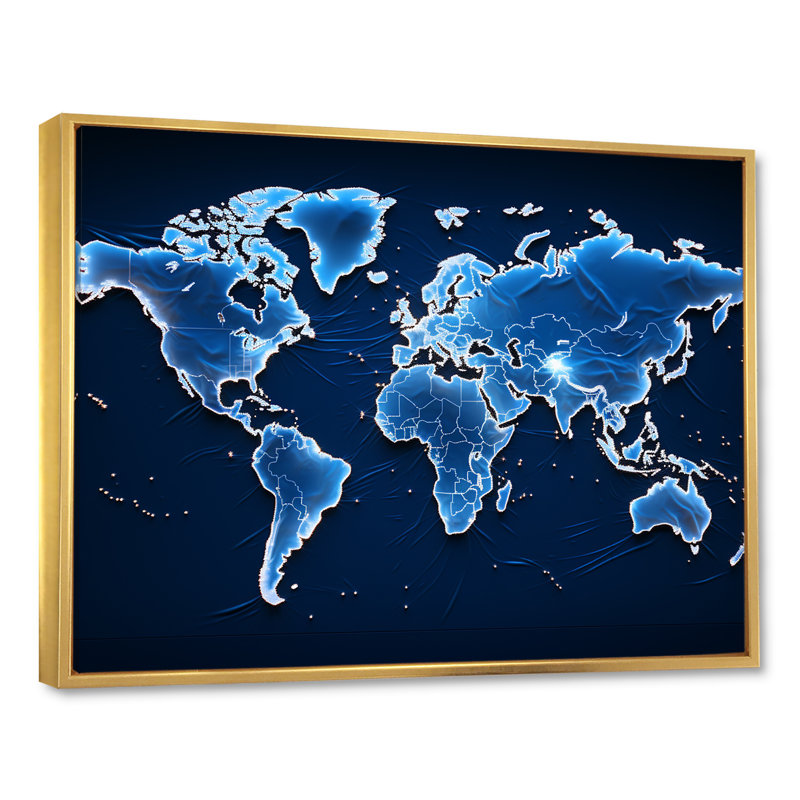 Méridiens majestueux - carte du monde murale, Cadre flottant doré, 16" H x 32" W