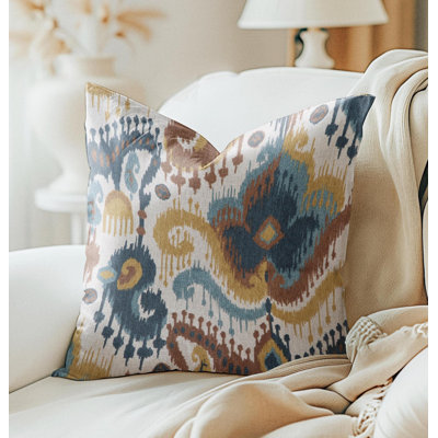 Brown Navy Blue Paisley Ikat Pillow Cover