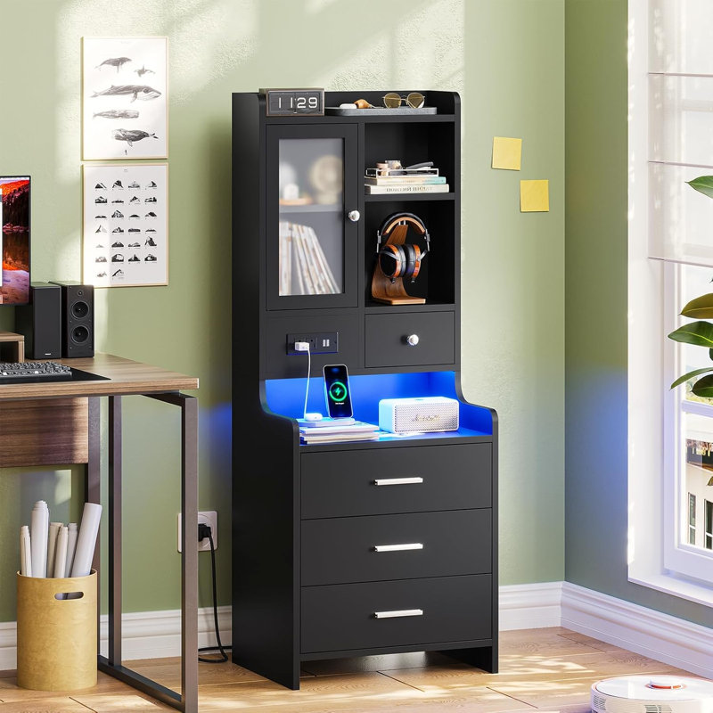49.3" Tall Nightstand with Charging Station and LED Lights,Bedside Table with Drawers & Storage Shelves,Glass Door,LED Nightstand With Storage