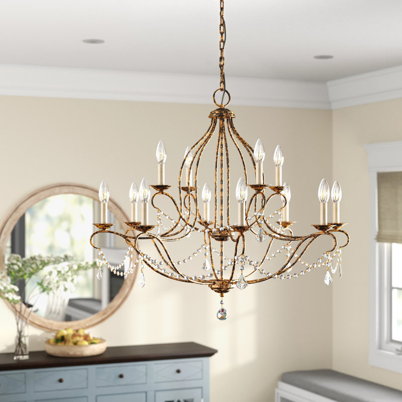 Lustre à 12 lumières de style bougie avec accents de cristal Abdel-Rahman, Bronze doré vénitien