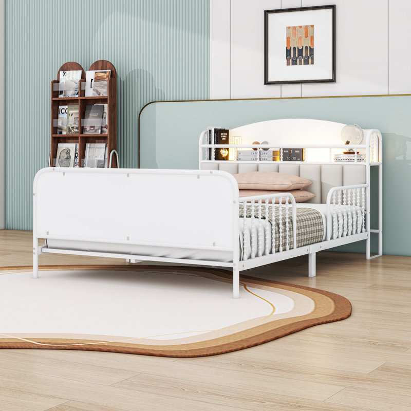 Platform Bed With Multicolor LED Strip, Safety Guardrails, And Storage Shelf, Full, White