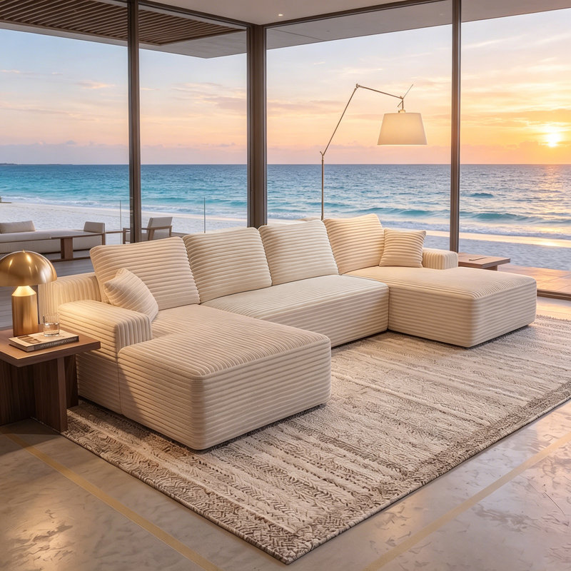 Canapé modulaire en U de 131 po avec 2 chaises longues et 1 causeuse, canapé convertible en velours côtelé, canapé à compression sans assemblage requis, dossier ajustable pour le salon, beige