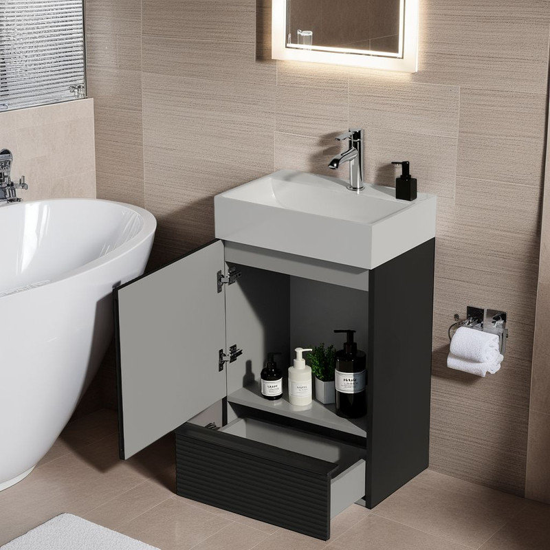 Meuble-lavabo de salle de bain avec lavabo en céramique, lavabo intégré avec 1 trou de robinet, Noir, noir, noir, noir