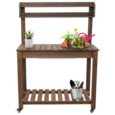 Wheeled Wood Outdoor Potting Bench With Dry Sink - Brown - 39.25"