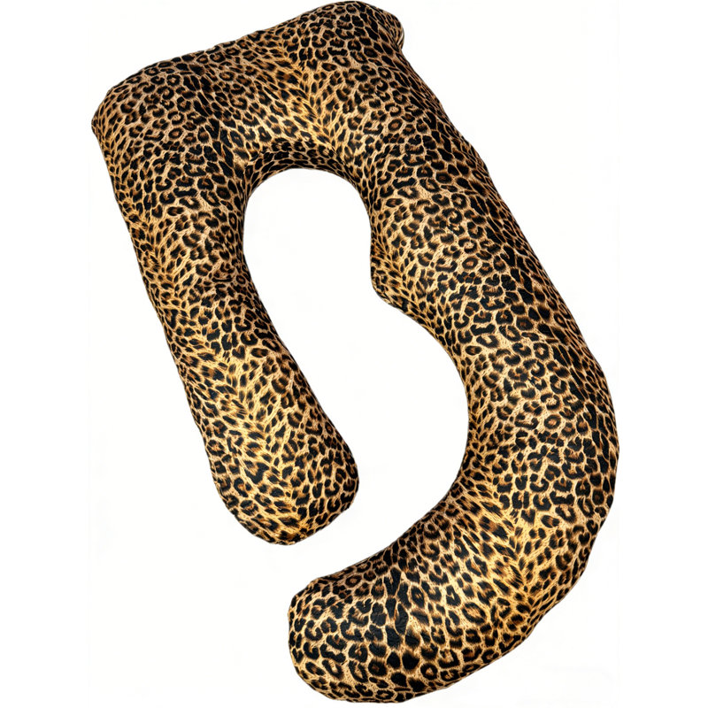 Oreiller de grossesse en forme de J - Coussin de soutien de maternité pour soulager les douleurs au dos, aux hanches et au ventre, imprimé léopard avec motif de cœur