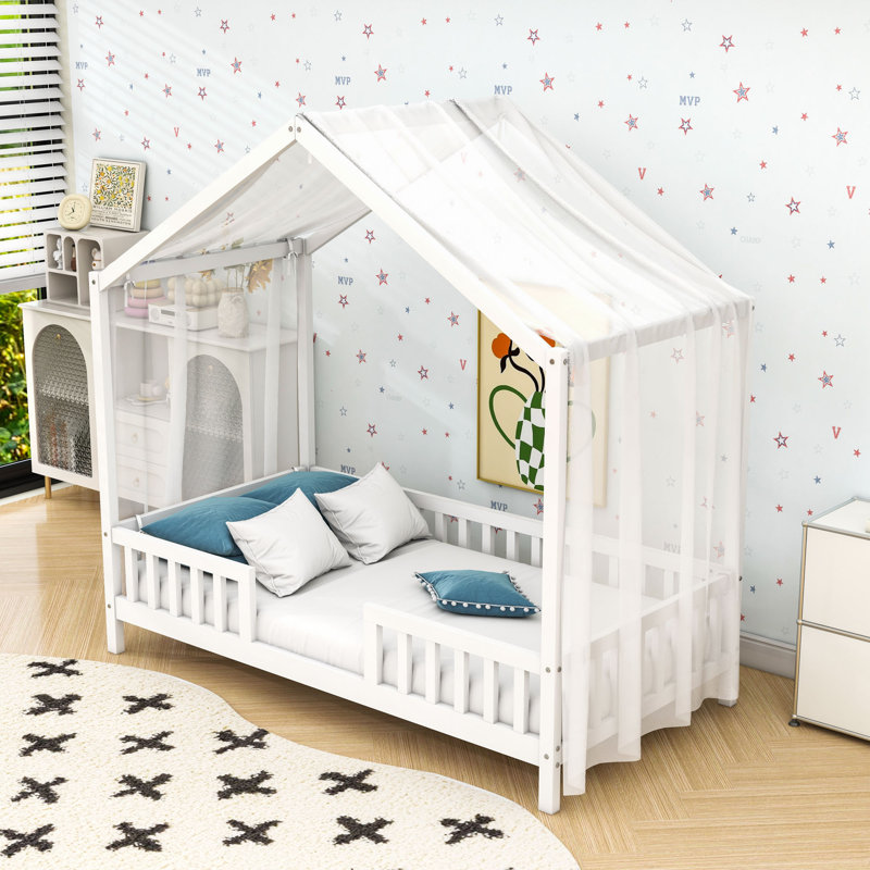 Lit pour tout-petits en bois avec garde-corps, Simple, Blanc