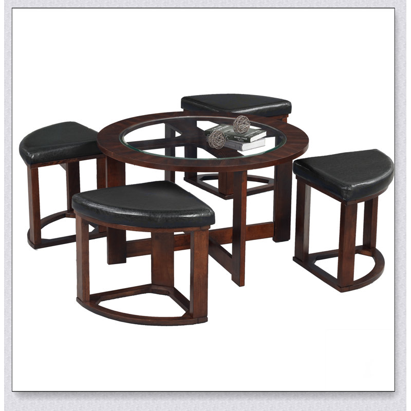 Table basse cylindrique en bois massif avec plateau en verre et 4 tabourets