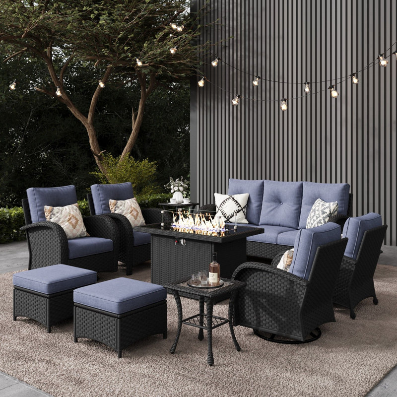 Marhlau 9 - Person Patio Conversation Set with Cushions, Black, Navy