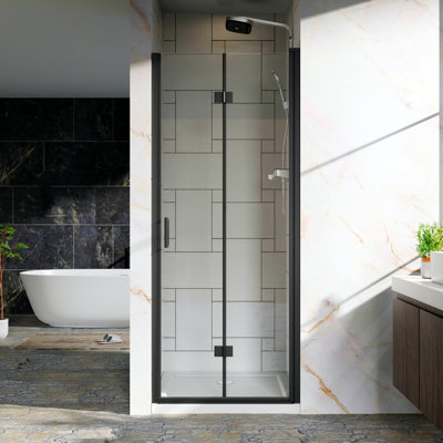 Pivot-Mounted Double-Fold Frameless Glass Shower Door, 1/4-Inch (6Mm) Tempered Clear Glass Swing Shower Panel, Black Finish, Reversible Installation