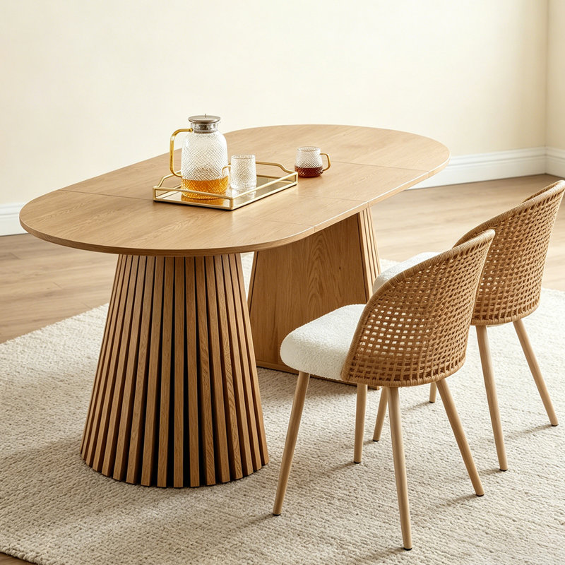 Ensemble de table de salle à manger extensible de 70 pouces avec 2 chaises en osier, base à lattes moderne pour meubles de cuisine Boho, brun
