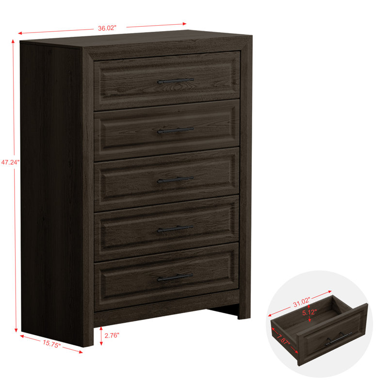 Armoire-penderie commode 36 po à 5 tiroirs 36 po, Gris