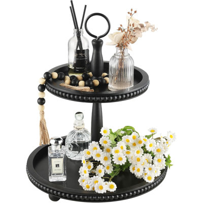Rustic Wooden Tiered Tray Stand With Bead Garland, Farmhouse Square Decorative Serving Tray For Coffee Bar, Countertop, And Home Decor