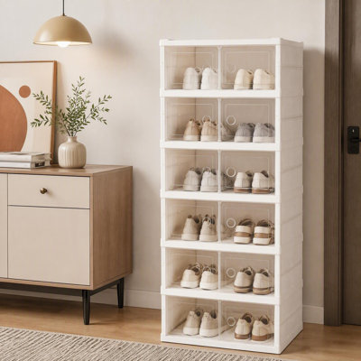 6 boîtes de rangement pliantes en plastique avec portes transparentes 12 paires pour hall d'entrée blanc et transparent