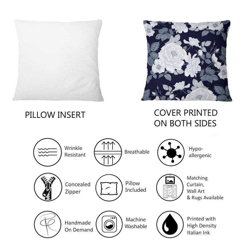 Coussin décoratif à motif de roses blanches avec nuances de gris II