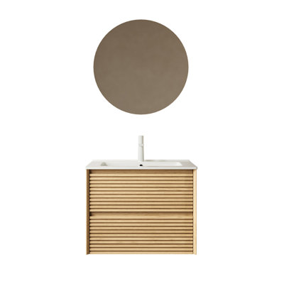 Meuble-lavabo de salle de bain BRON 24 po avec lavabo, armoire de rangement murale en contreplaqué flottant avec tiroirs BRON, lavabo en céramique blanc sans robinet, pré-assemblé, couleur grain de bois chêne Corolla