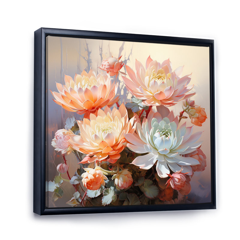 Impression blanc succulent romantique blanc - rose, Cadre flottant noir, H 36 po x l 36 po x P 1,5 po