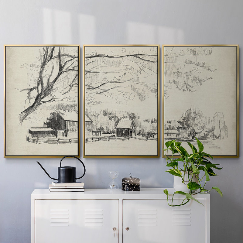 Vue de grange esquissée I 3 pièces, H 36 po x l 75 po x P 2 po, Encadrement doré