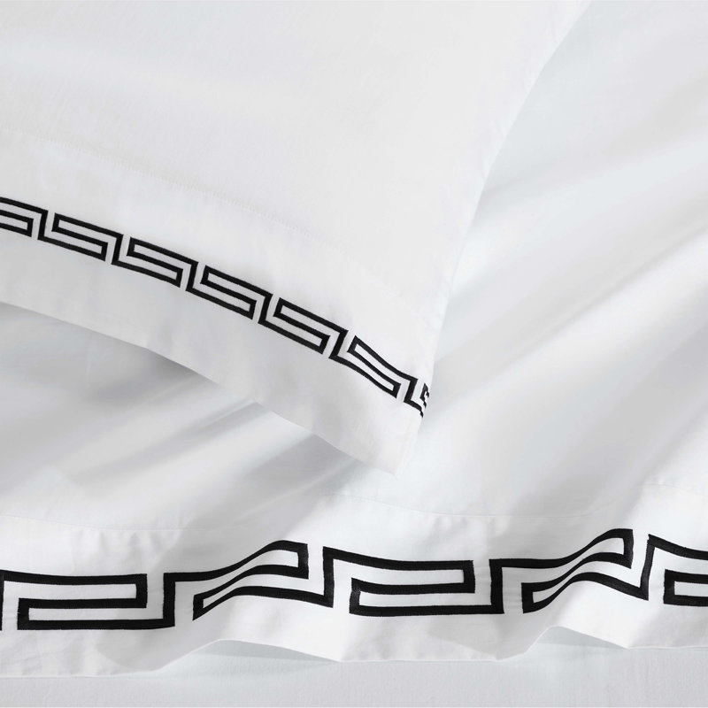 Harrison Cotton Greek Key Embroidered Deep Pocket Bed Sheet Set by Superior, Twin Extra Long 3pc Set, White/Black