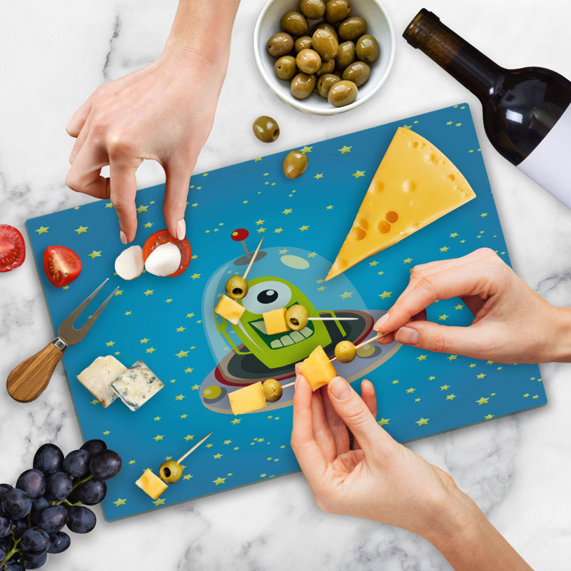 Ambesonne Space Cutting Board Large Size Comic UFO and Alien Multicolor