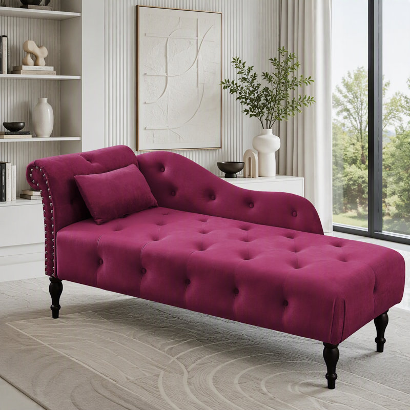 Chaise longue élégante en velours avec boutons capitonnés et garniture cloutée, Velours bourgogne