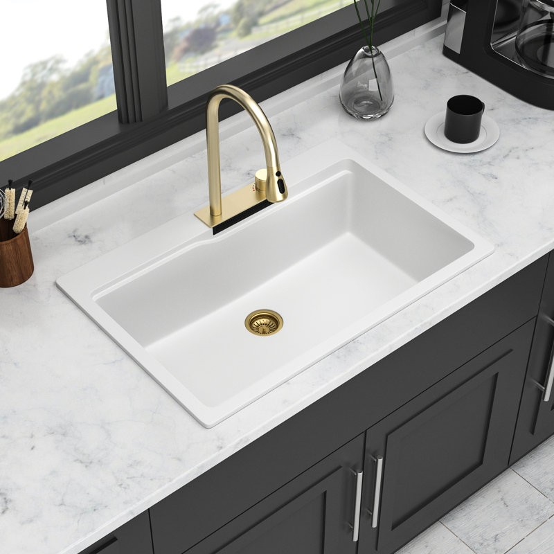 Drop In Waterfall Sink - 33X22" White Quartz Composite For Kitchen Workstation With Pull-Out Faucet & Miscellaneous Accessory Assemblies 33"X22" Design And Mixed Groups