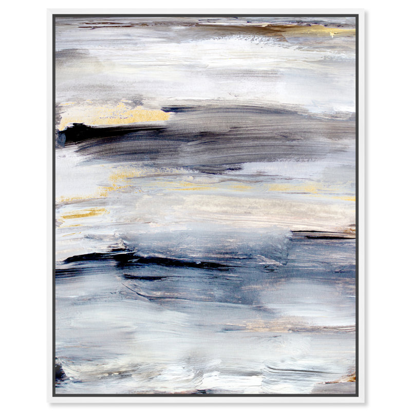 Modern Gray Brush Stroke Painting Print, White Floater Framed, 21" H x 18" W