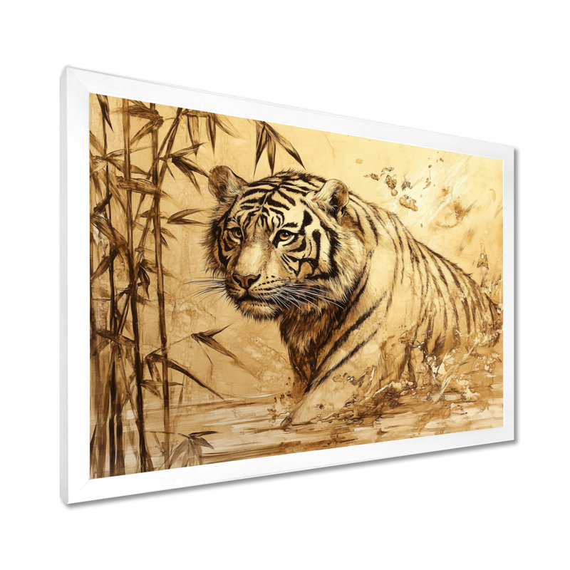 Tigre parmi les bambous II - Tableau encadré de style beige oriental, H 24 po x l 32 po, White Picture Framed