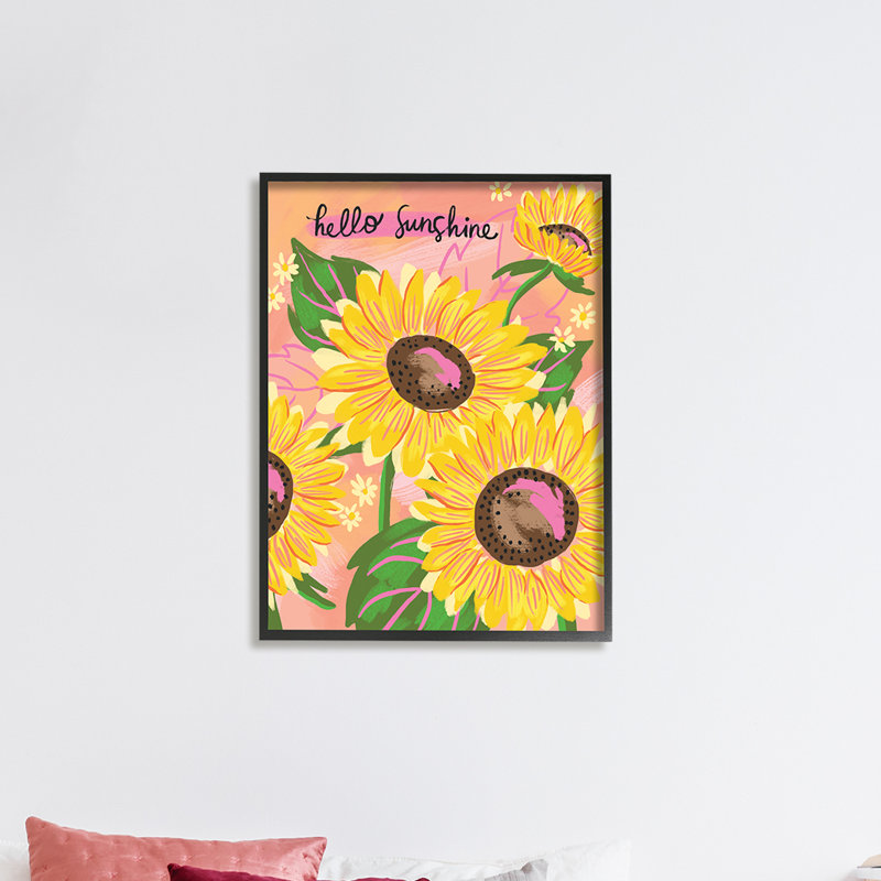 «Hello Sunshine Sentiment Blush», tournesols jaunes, petites marguerites par Deborah Curiel, Giclée encadrée noir minuit