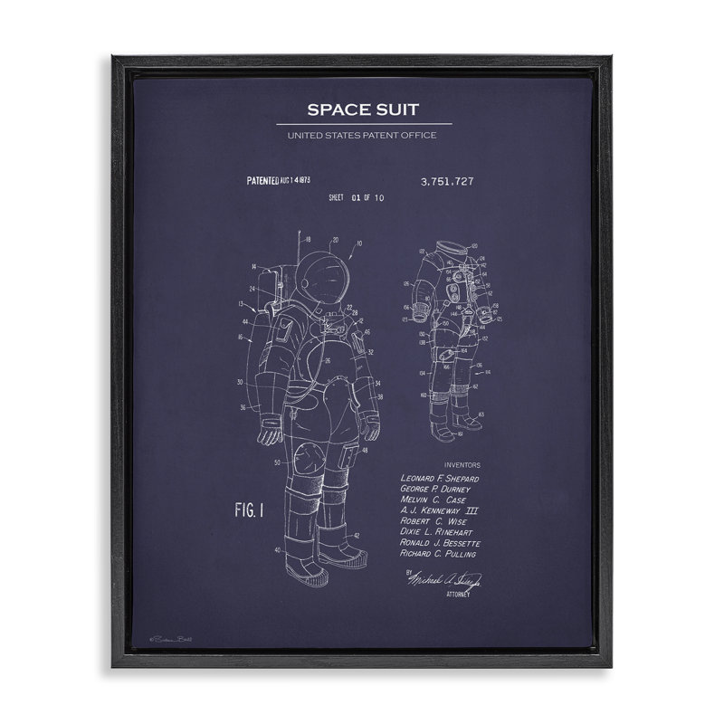 "Space suit Blueprint", art mural encadré par Susan Ball, Cadre flottant noir de jais, H 21 po x l 17 po
